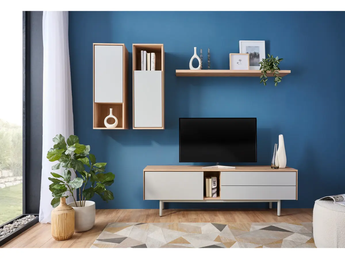 Mueble RTV Ema 180 cm con puertas y 2 cajones nogal jackson hickory/gris claro