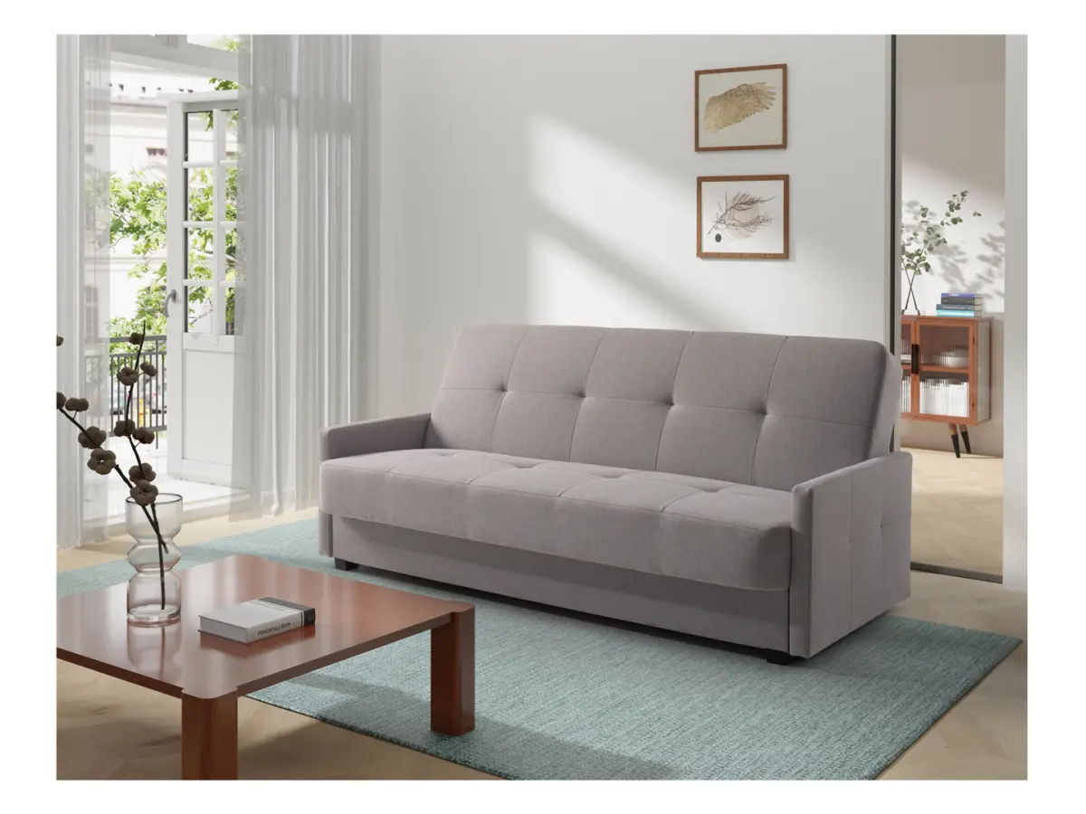 Sofá cama de tres plazas Maro plegable con arcón, tela trenzada gris
