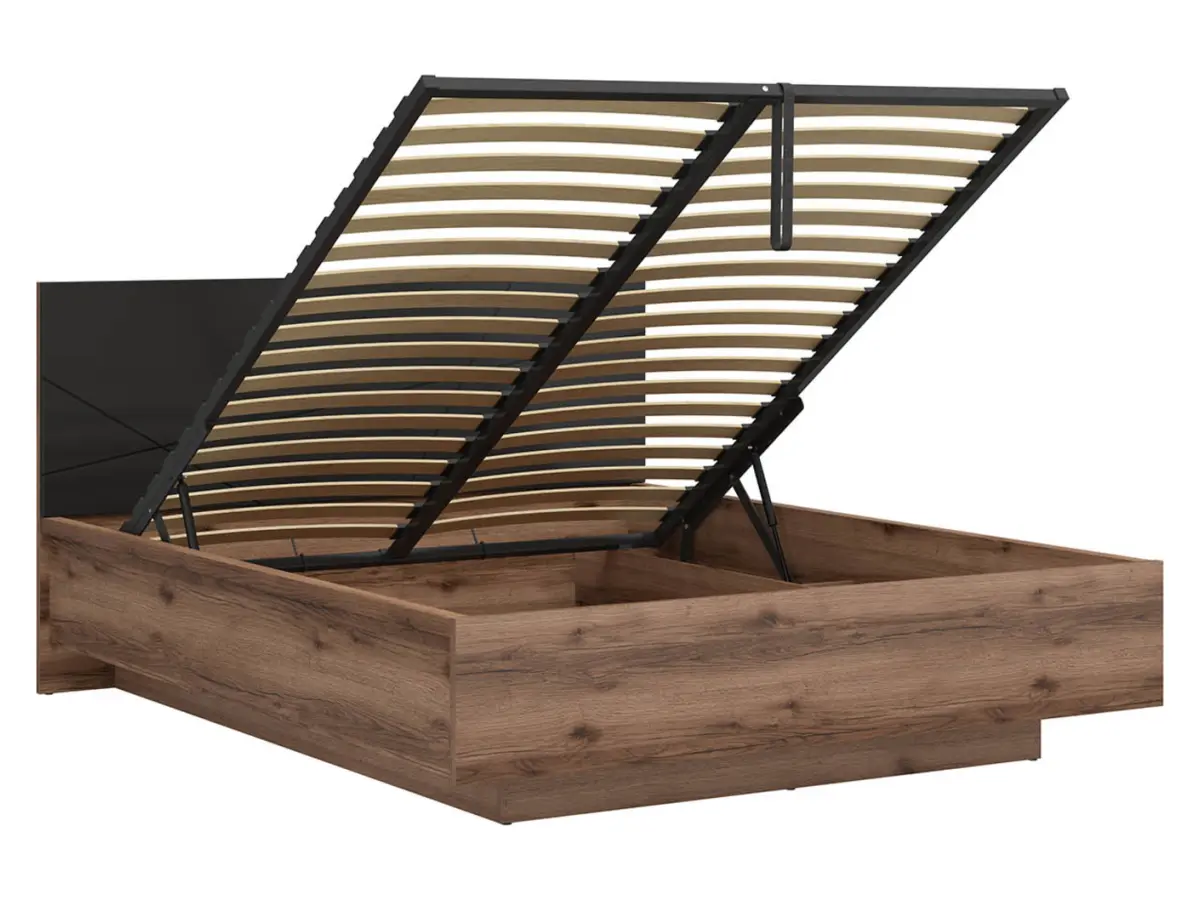 Cama Forn 160x200 con somier y contenedor roble delano oscuro/negro