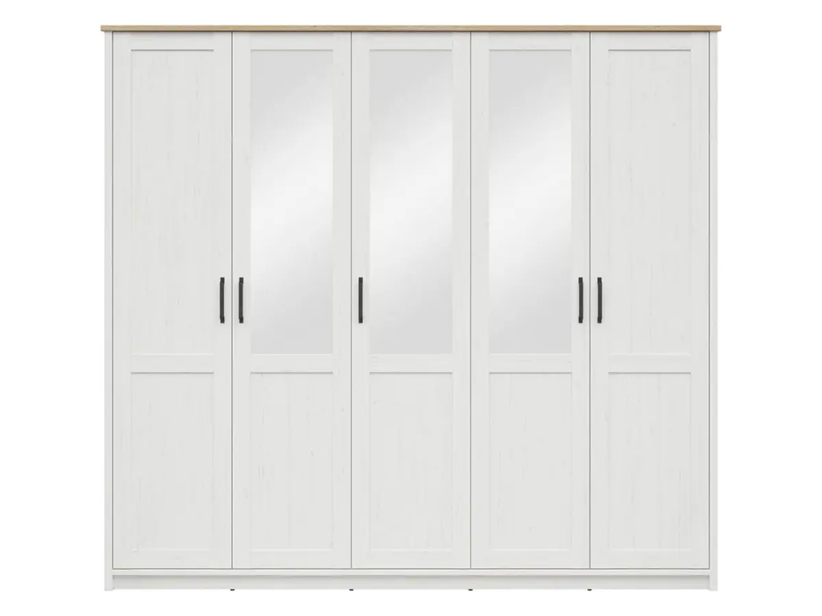 Пятидверный шкаф Loksa с 5 дверцами и зеркалом сосна андерсен белая
