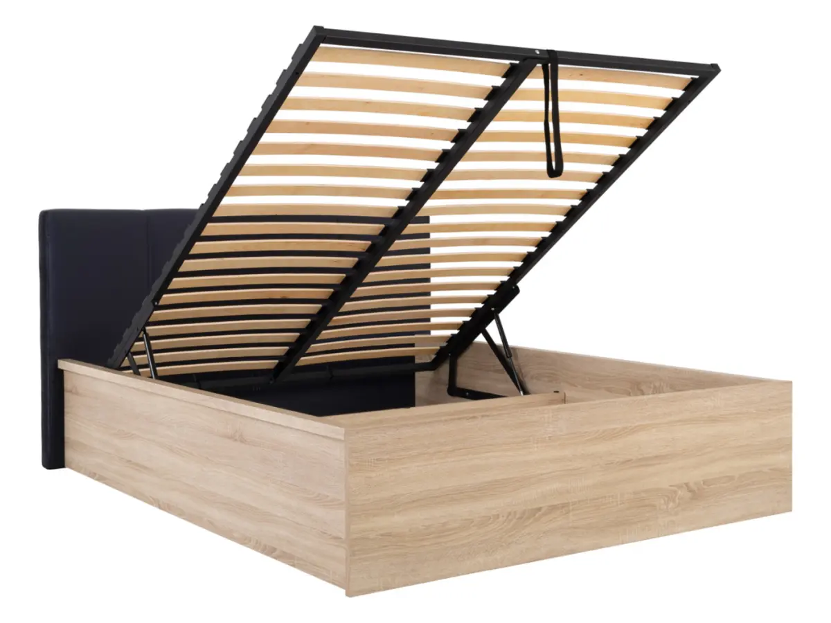 Cama Tetrix 160x200 con somier, arcón y cabecero tapizado, roble sonoma