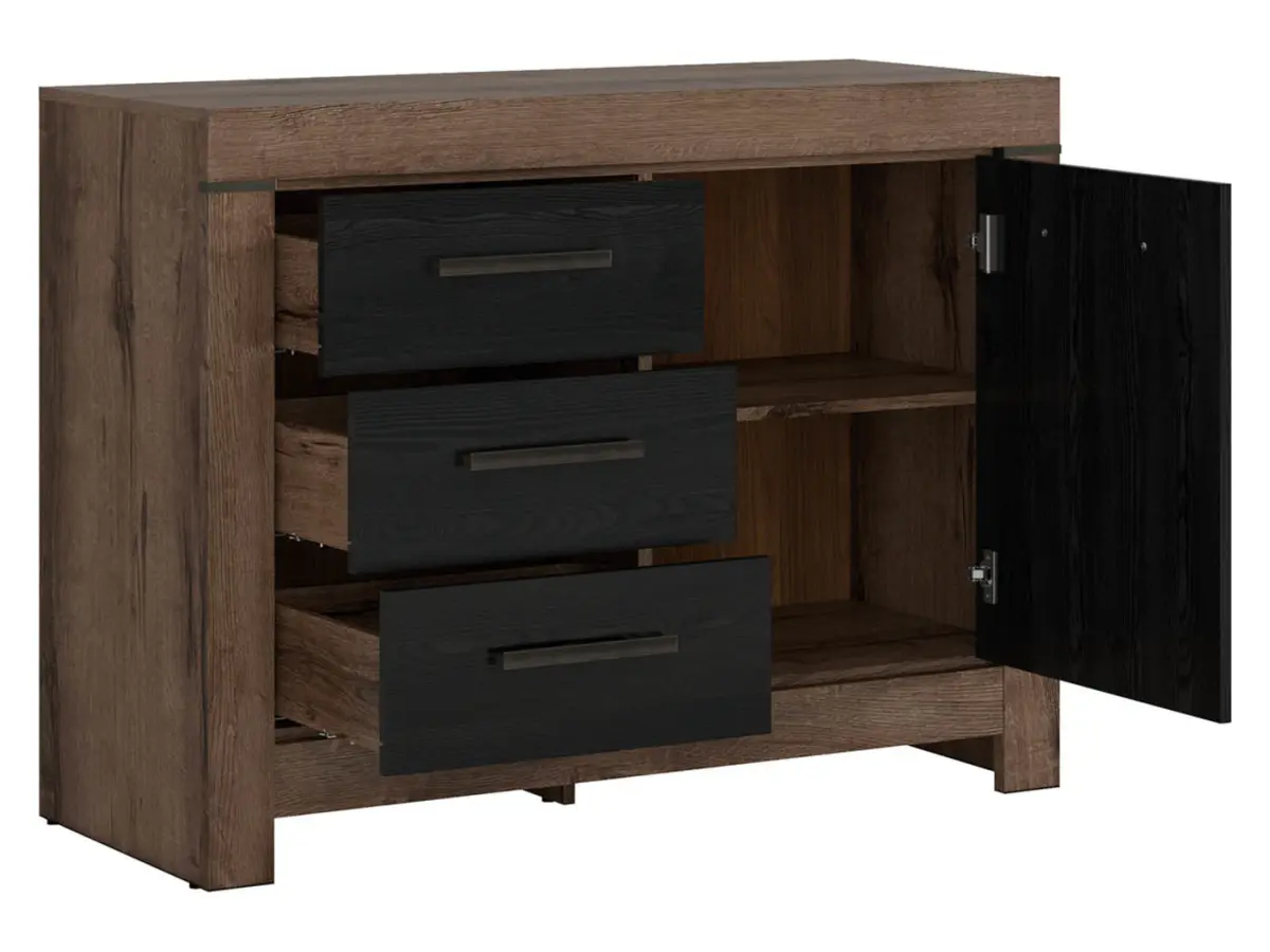 Cómoda Balin 112 cm con puertas y 3 cajones roble monastery/roble negro