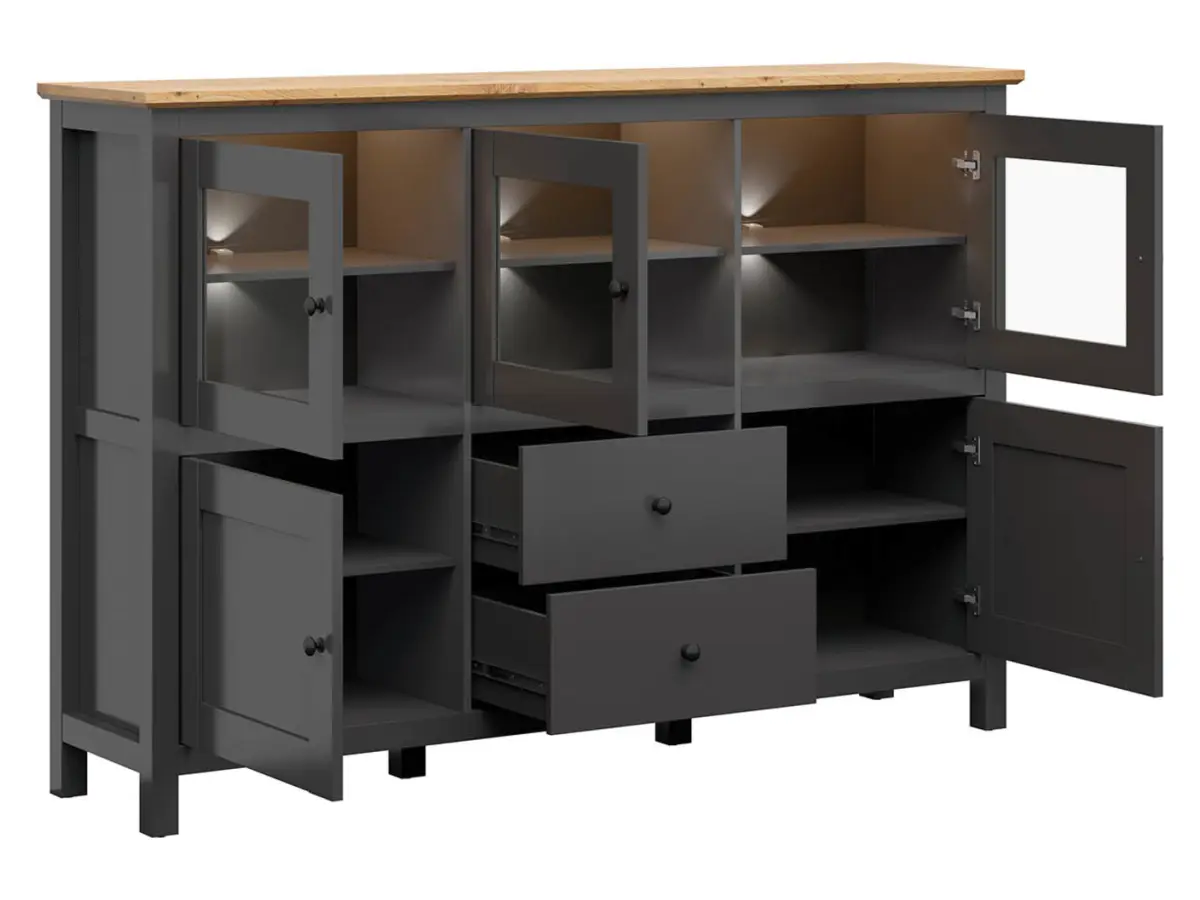 Aparador Hesen 186 cm vitrina con 5 puertas y 2 cajones grafito/roble artisan