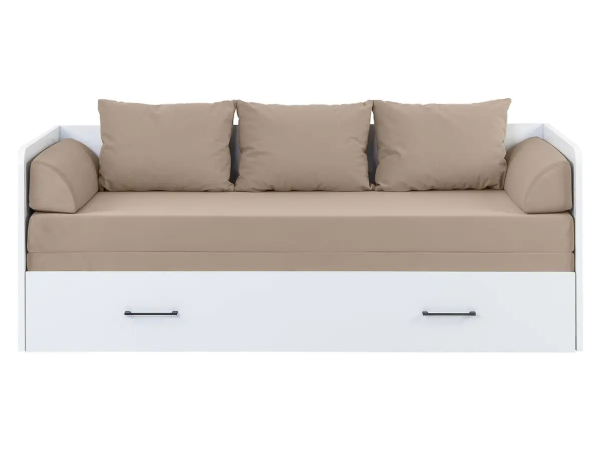 Cama extensible Tetrix blanco brillo 80-160x200 con contenedor colchón y cojines beige