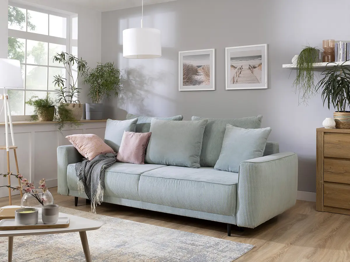 Sofá de tres plazas Larisa 2 convertible con arcón de chenilla menta