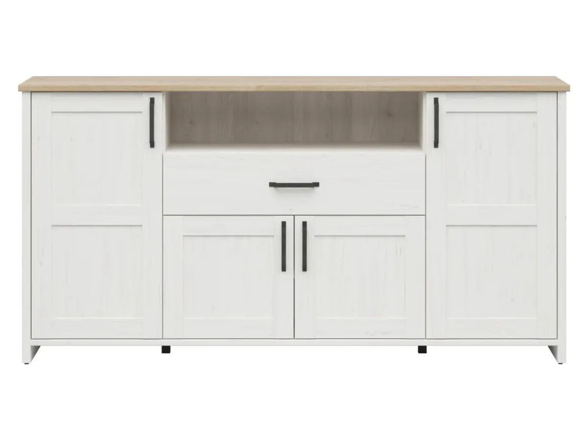 Cómoda Loksa 194 cm con 4 puertas, cajón y estante, pino andersen blanco/roble grandson