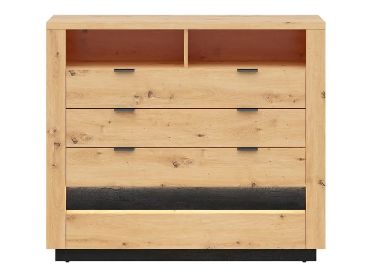 Cómoda Ostia 117 cm con 4 cajones y 2 estantes roble artisan/roble negro