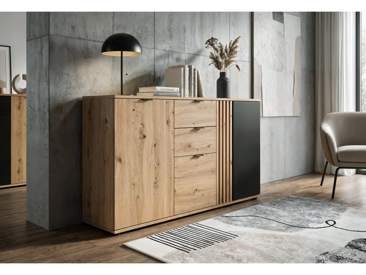 Cómoda Vabres 150 cm con 3 puertas y 2 cajones roble artisan listones