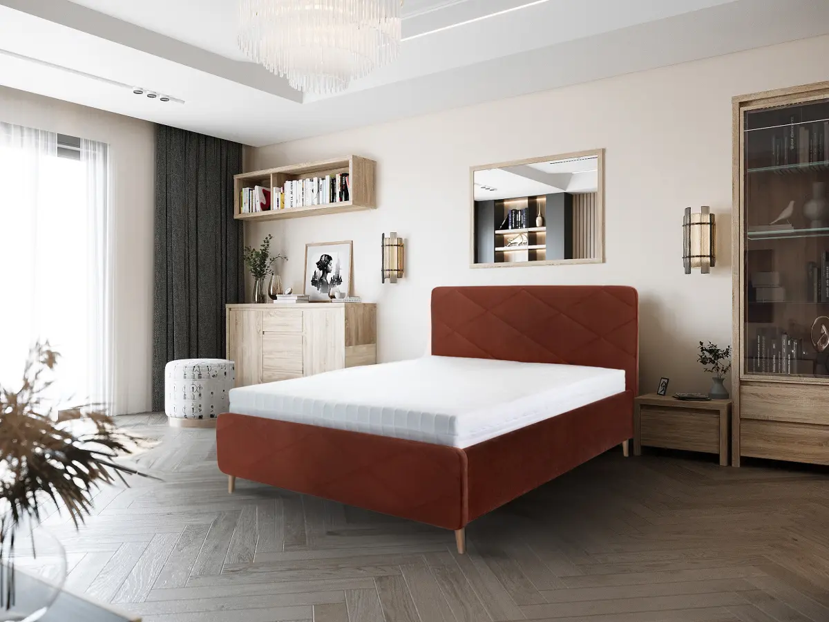 Cama tapizada Bondo 160x200 con contenedor y somier naranja