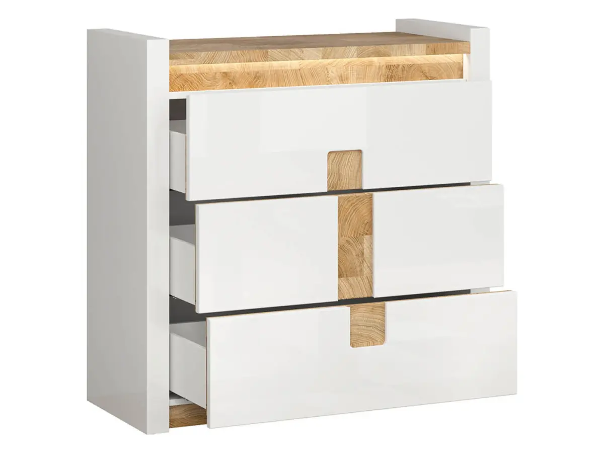 Cómoda Alameda 97 cm con 3 cajones roble westminster/blanco brillo