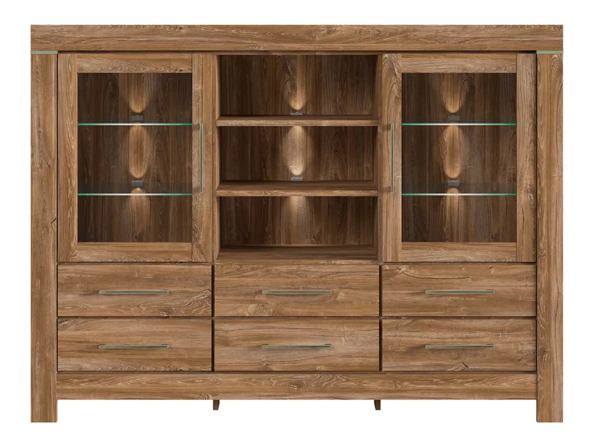 Cómoda Gent 166 cm vitrina con 2 puertas 6 cajones y 3 estantes roble stirling