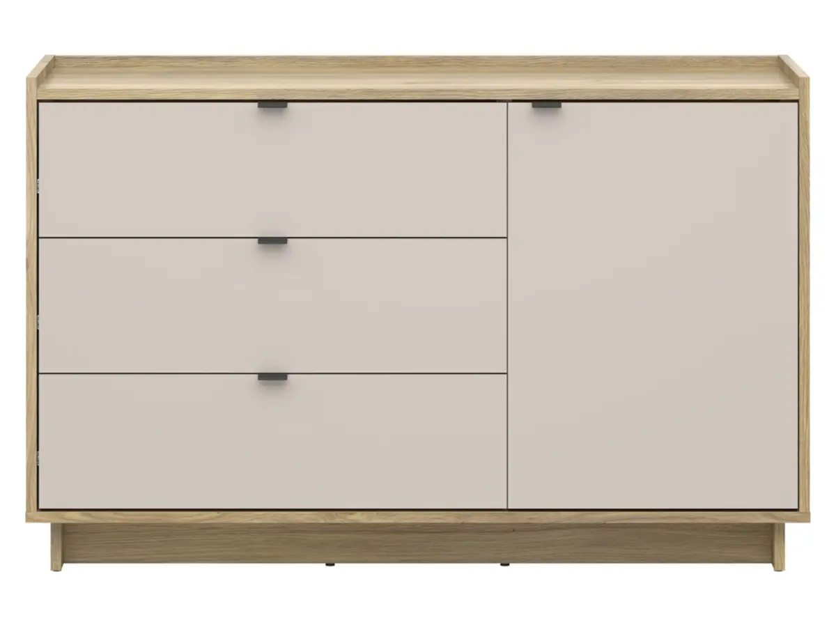 Cómoda Dalva 134 cm con puertas y 3 cajones roble mauvella/cachemira