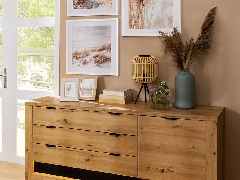 Cómoda Ostia 161 cm con puertas y 4 cajones roble artisan/roble negro