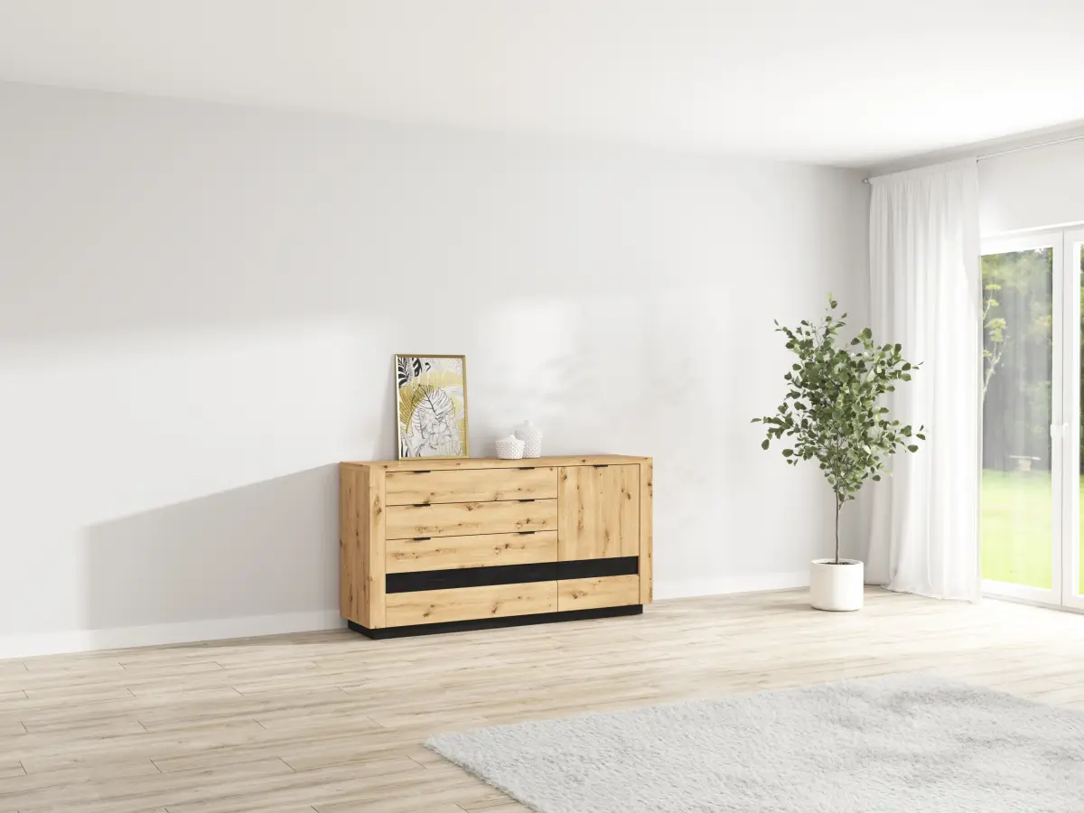Cómoda Ostia 161 cm con puertas y 4 cajones roble artisan/roble negro