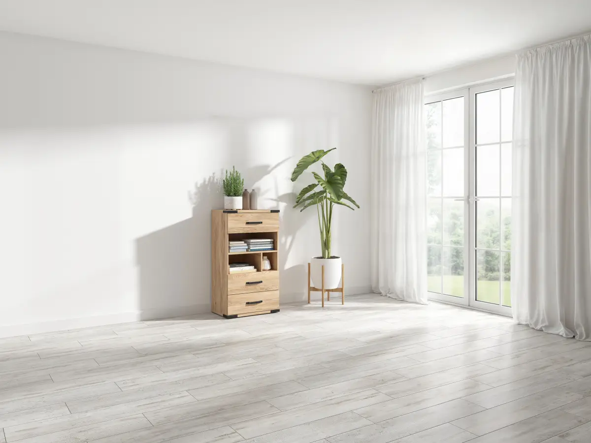 Cómoda Lara 60 cm con 3 cajones y estantes fresno belarus