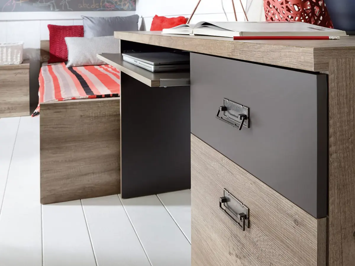 Escritorio Malcolm 120 cm con puerta y cajón roble canyon monument