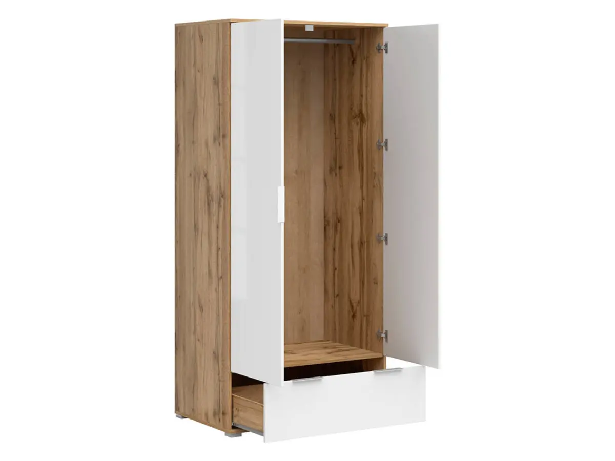 Armario de dos puertas Zele 90 cm con cajón roble wotan/blanco brillo