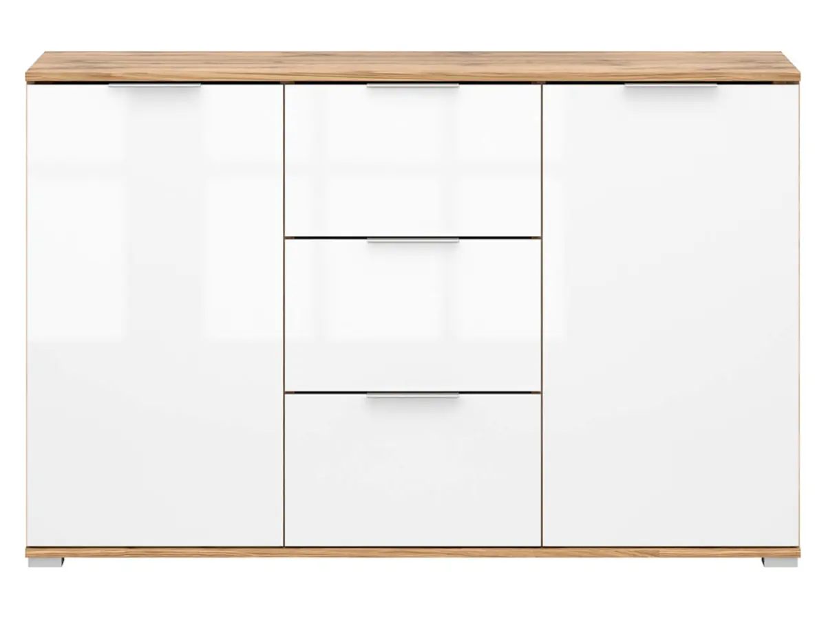 Cómoda Zele 135 cm con 2 puertas y 3 cajones roble wotan/blanco brillo