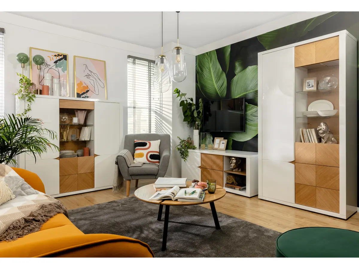 Estante de pared Rovika 153 cm blanco brillo/roble natural