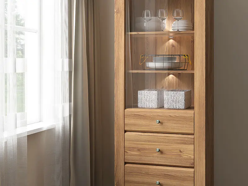 Vitrina Bergen 72 cm con puertas y 2 cajones alerce sibiu dorado