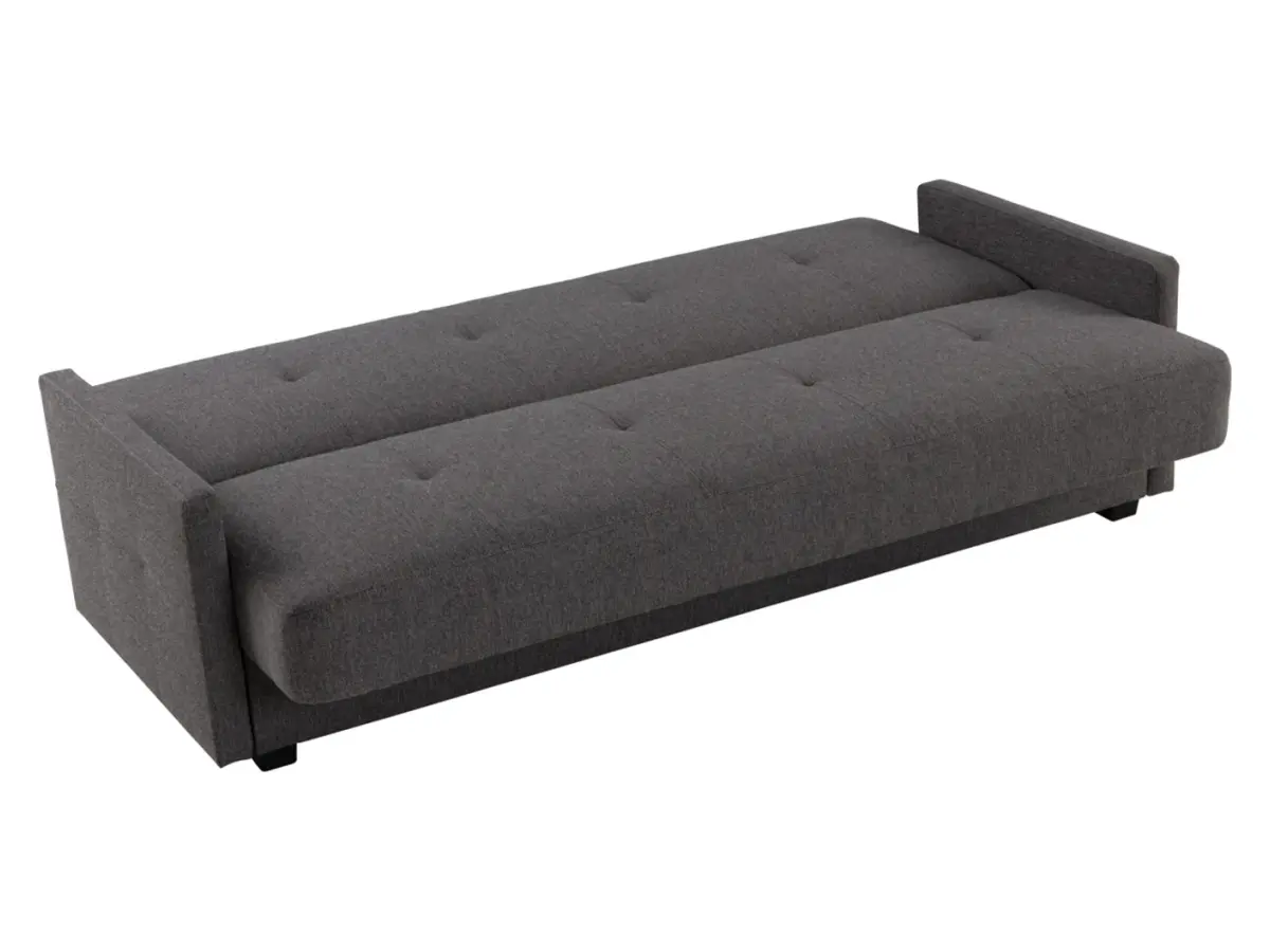 Sofá cama de tres plazas Maro con arcón, tejido trenzado gris oscuro