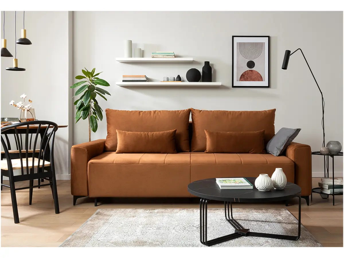 Sofá de tres plazas Kamari convertible con arcón de terciopelo marrón
