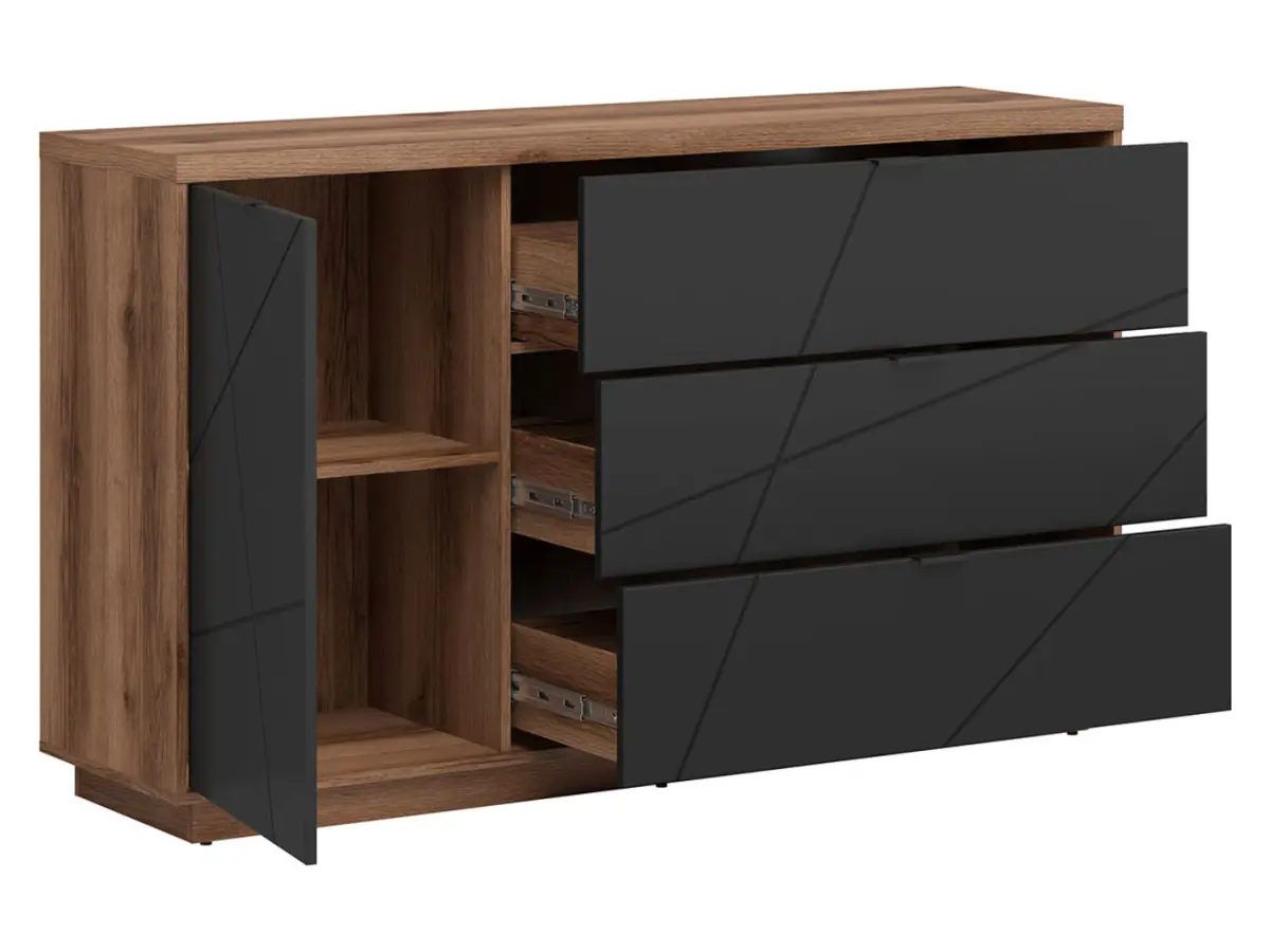 Cómoda Forn 156 cm con puertas y 3 cajones roble delano oscuro/negro mate