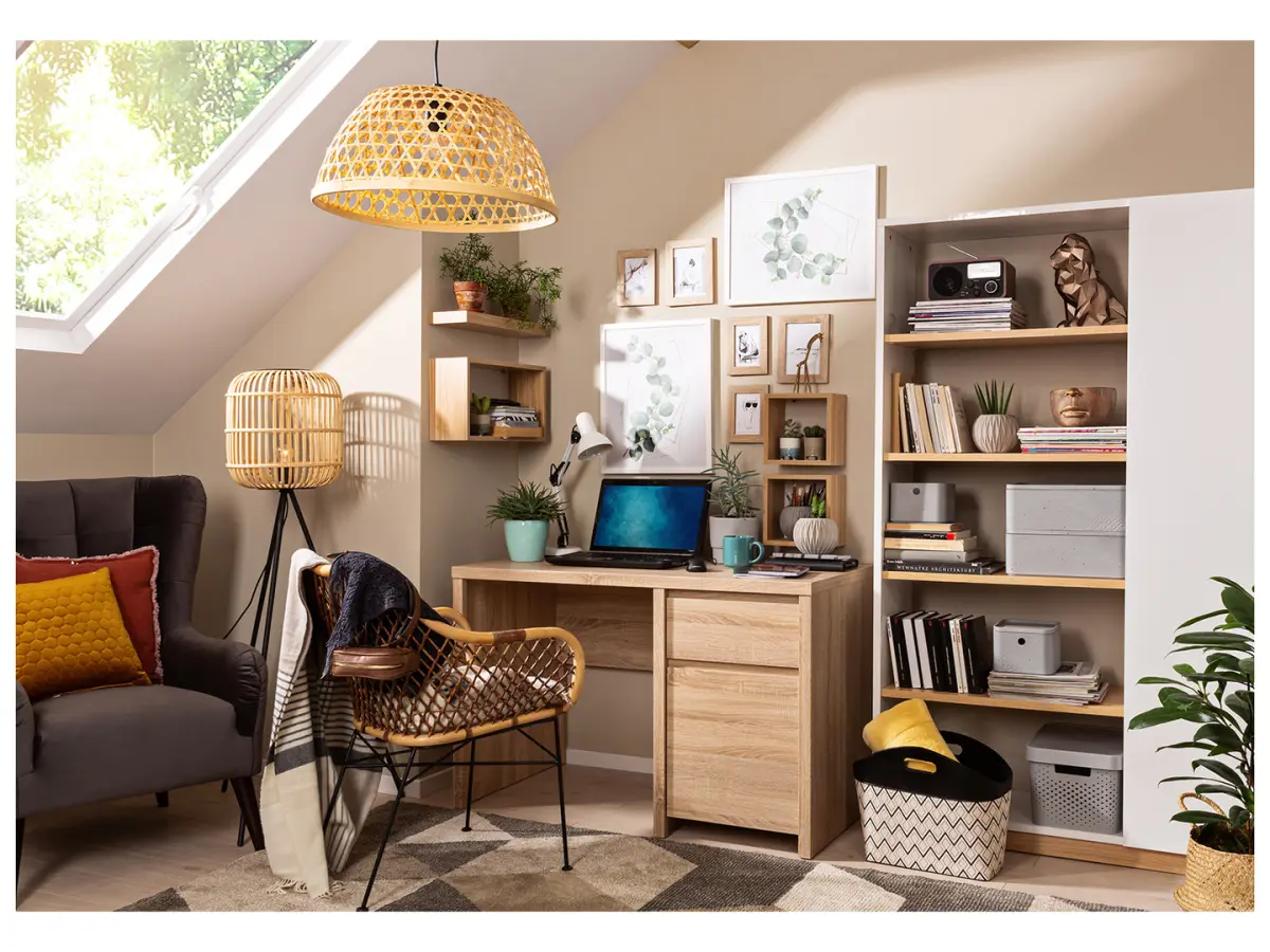 Escritorio Kaspian 120 cm con puertas y cajón roble sonoma