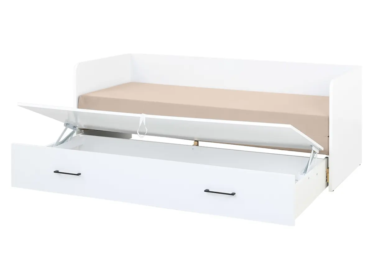 Cama extensible Tetrix blanco brillo 80-160x200 con contenedor colchón y cojines beige