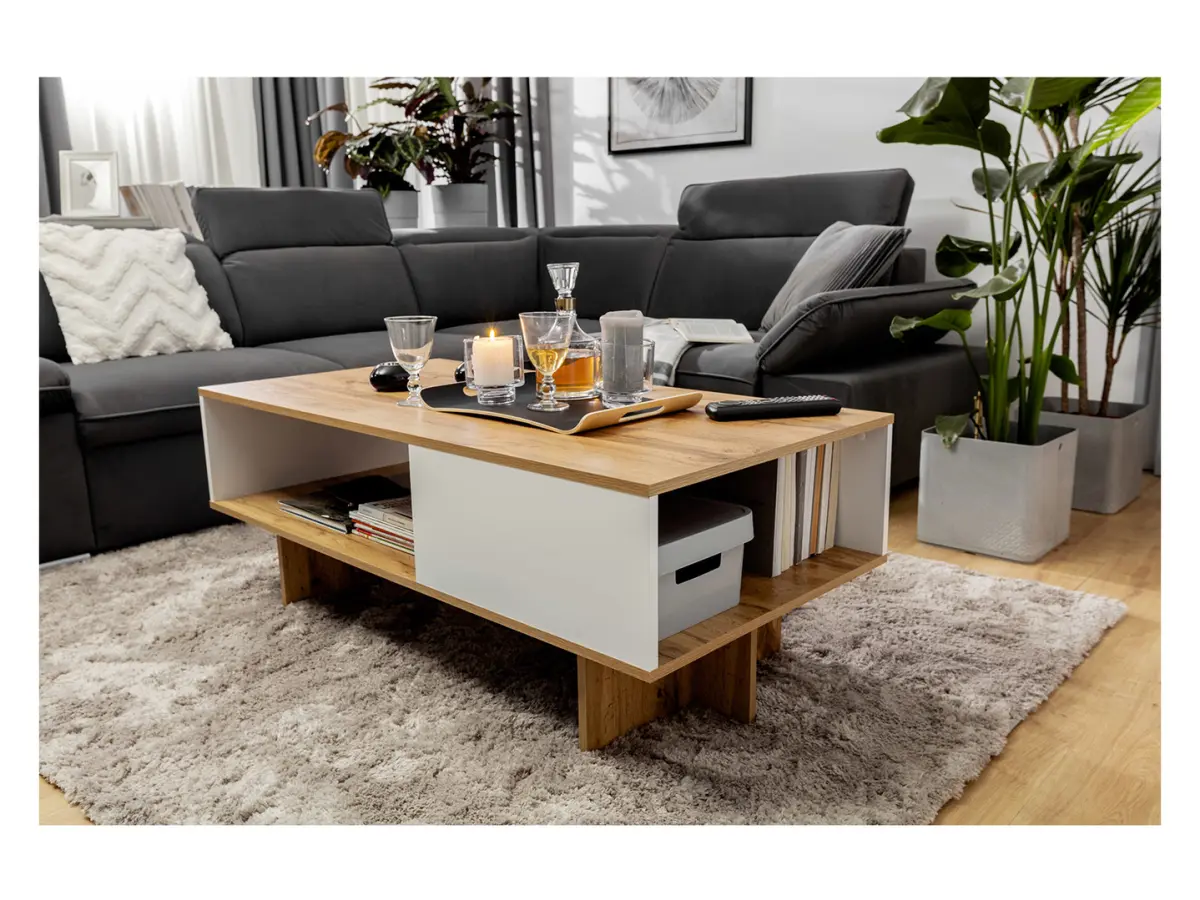 Coffee table Zele 120x60 with shelf wotan oak/white gloss