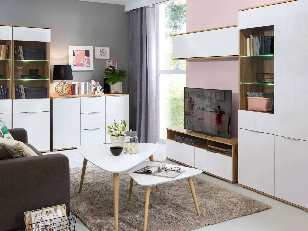 Cómoda Zele 135 cm con 2 puertas y 3 cajones roble wotan/blanco brillo