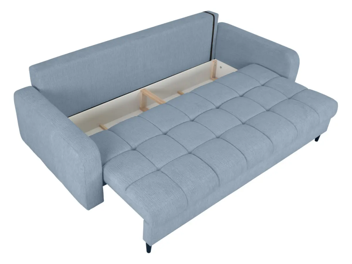 Sofá de tres plazas Sorella convertible con arcón, chenilla azul claro