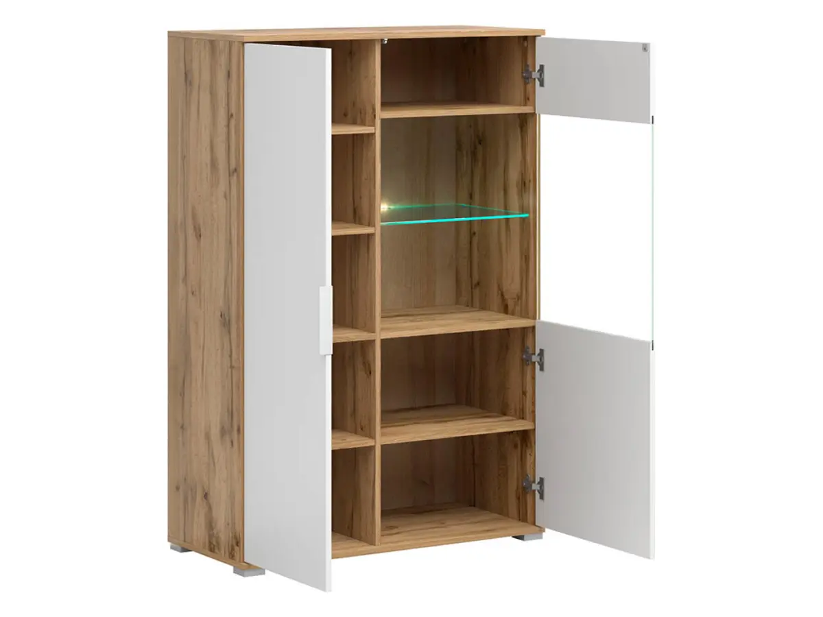 Vitrina Zele 90 cm con 2 puertas roble wotan/blanco brillo
