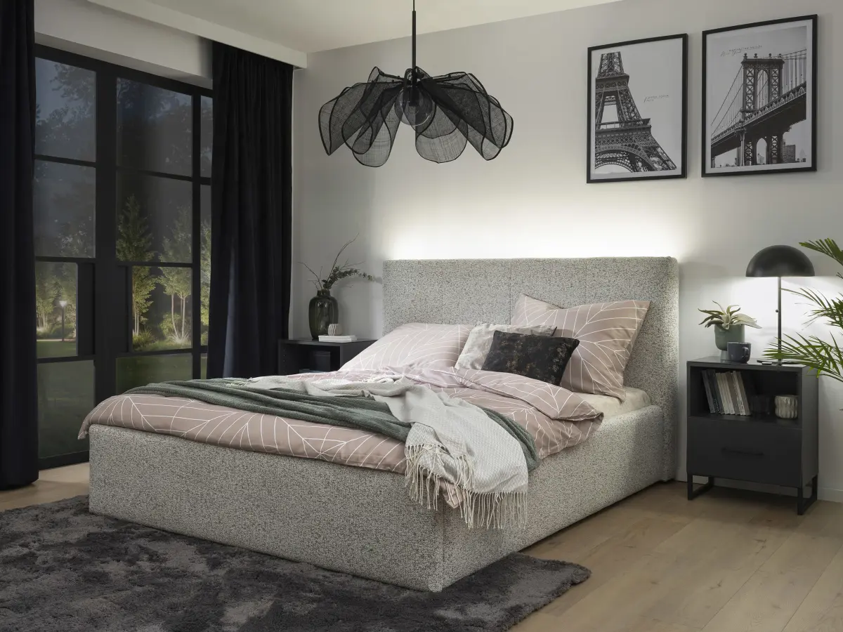 Cama tapizada Tripo 160x200 con somier y arcón beige