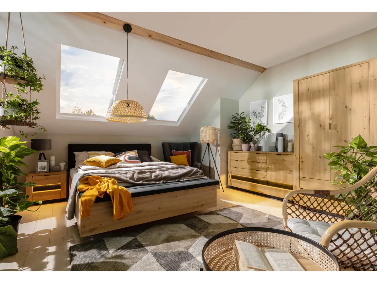 Cómoda Ostia 117 cm con 4 cajones y 2 estantes roble artisan/roble negro