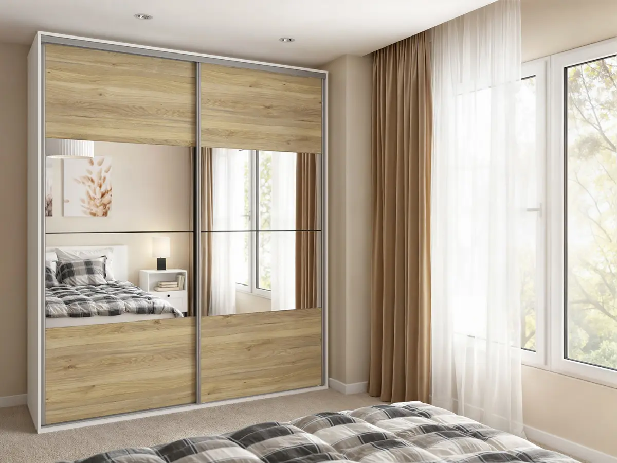 Armario de puertas correderas Flex 200 cm con espejo blanco/roble mauvella