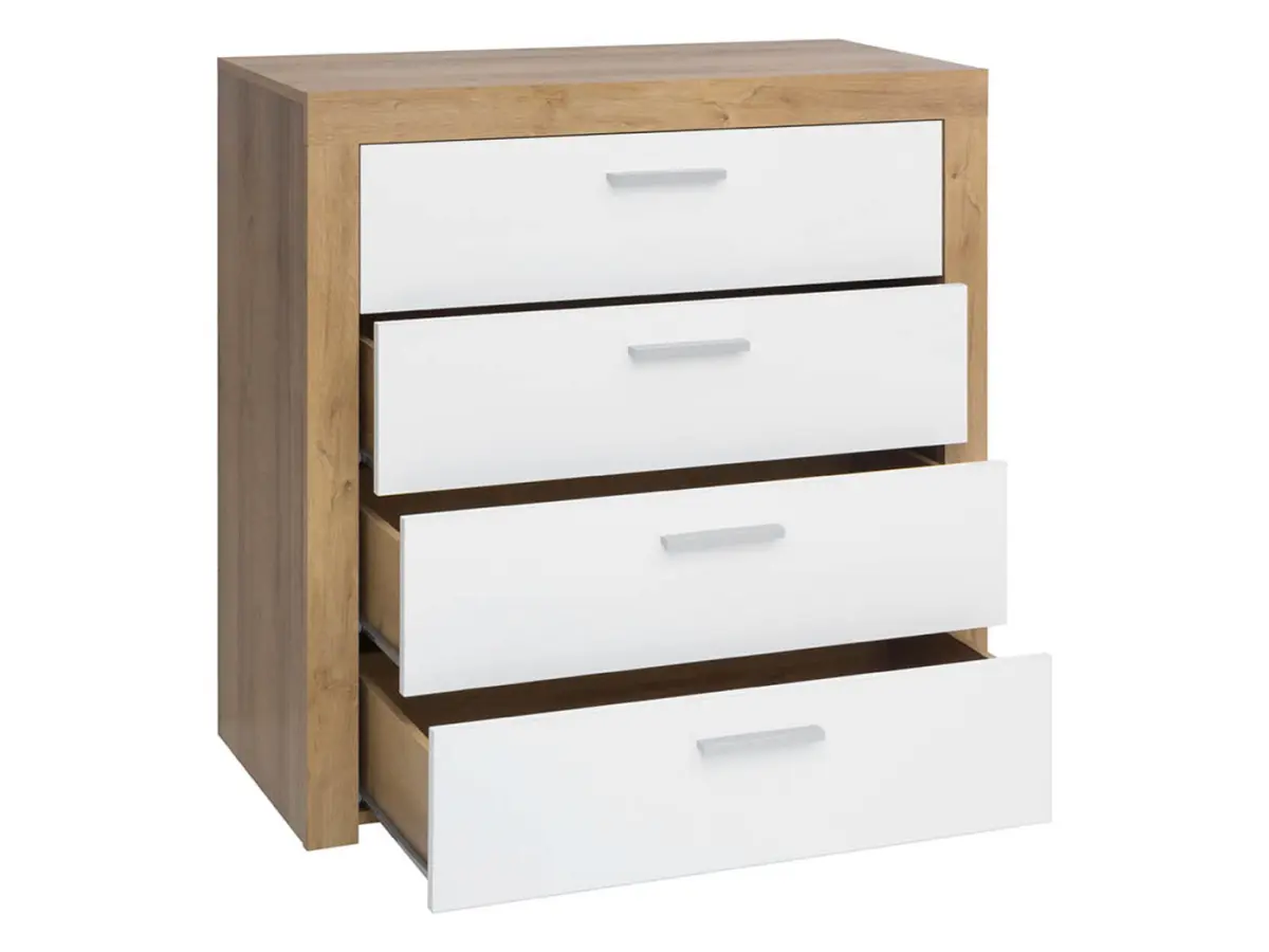 Cómoda Balder 90 cm con 4 cajones roble riviera/blanco brillo