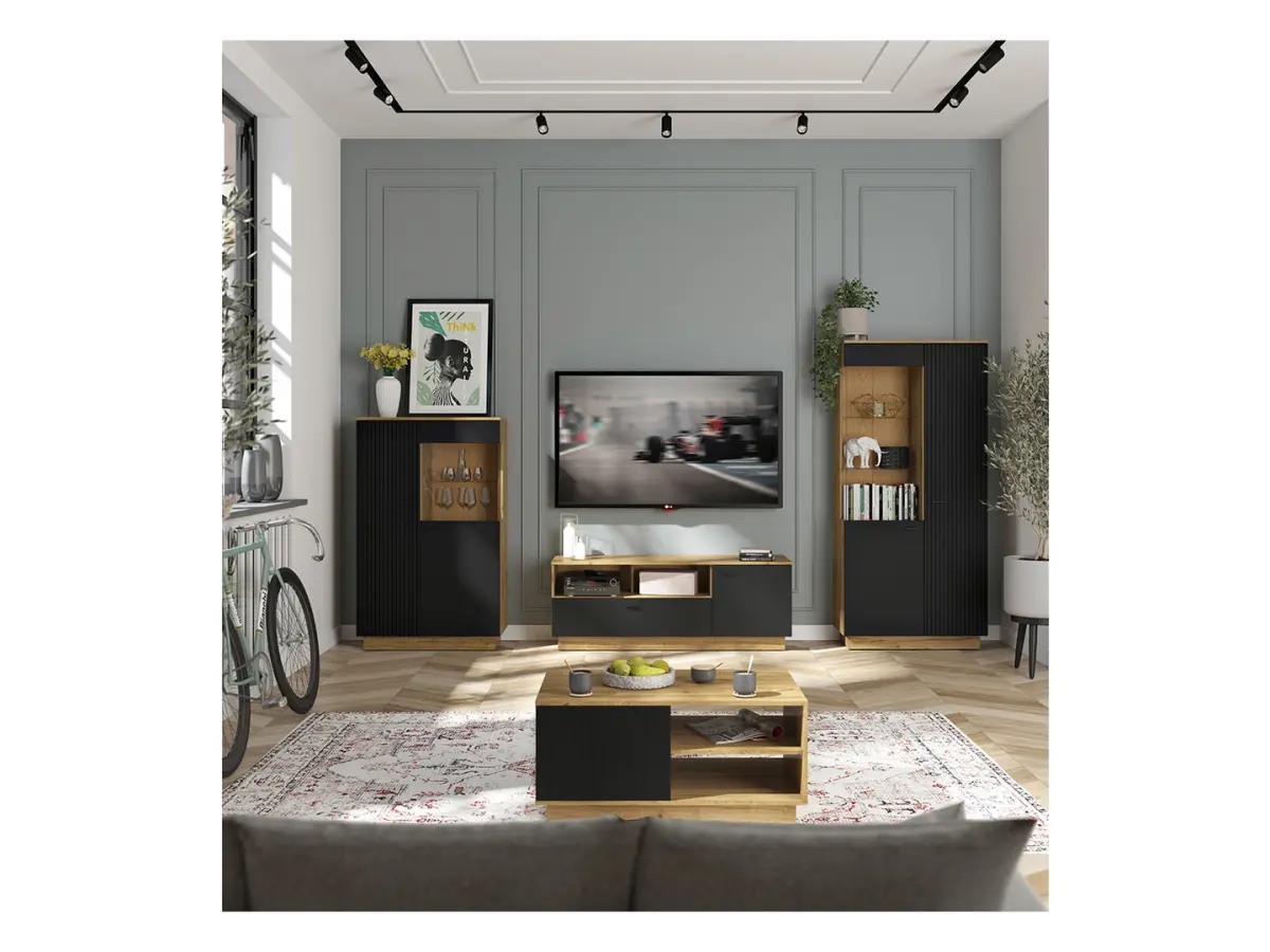 Estantería Zenda 117 cm con 2 puertas, cajón y 4 estantes roble waterford/negro