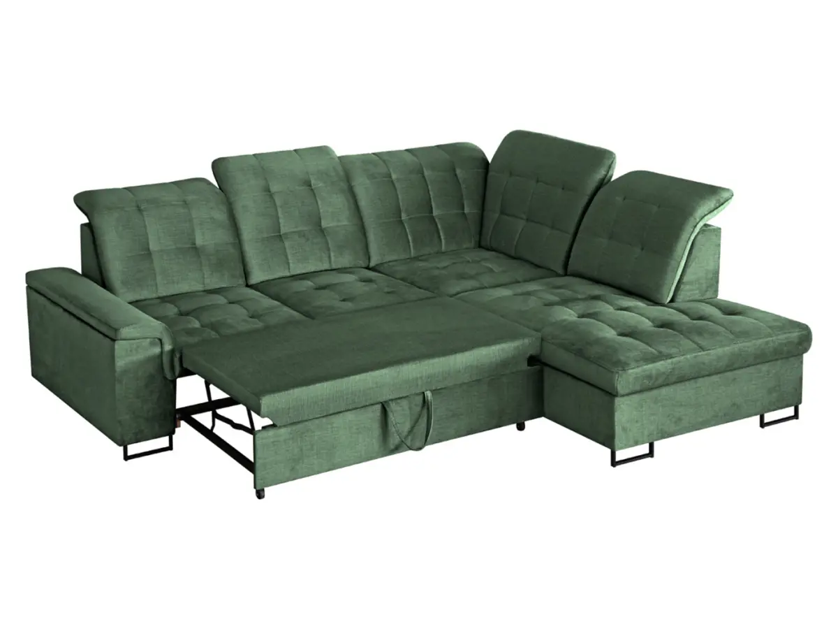 Sofá de esquina derecho Aragon convertible con reposacabezas y asiento ajustable verde