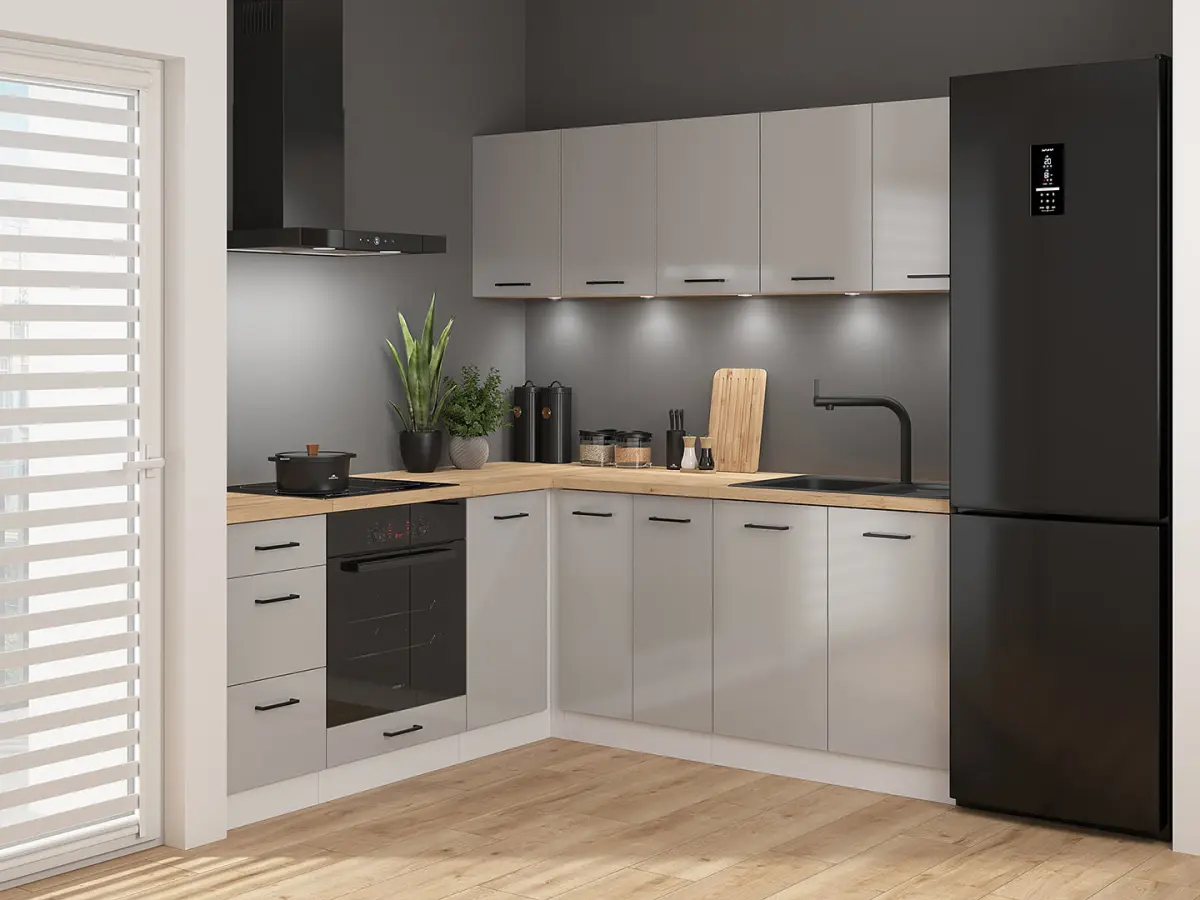 Conjunto de cocina rinconera Junona Line 200x200 gris claro brillo sin encimera