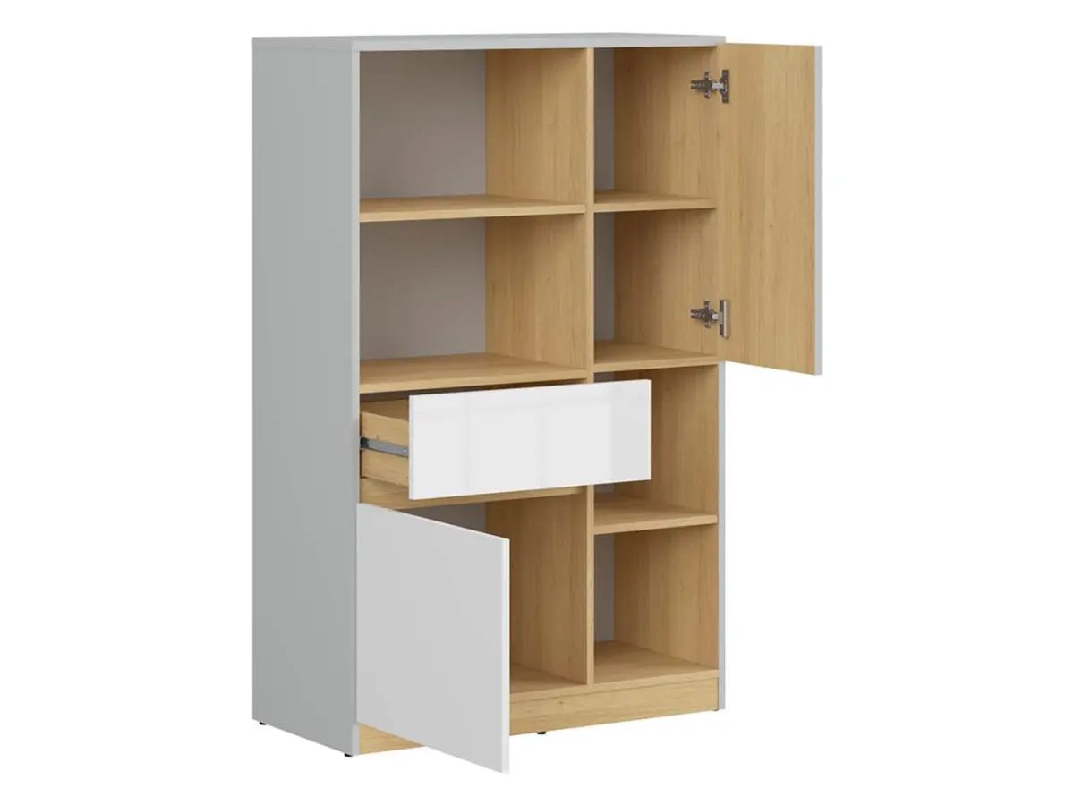 Комод Nandu 80 см с 2 дверцами 4 полками и ящиком светло-серый/дуб польский/белый глянец