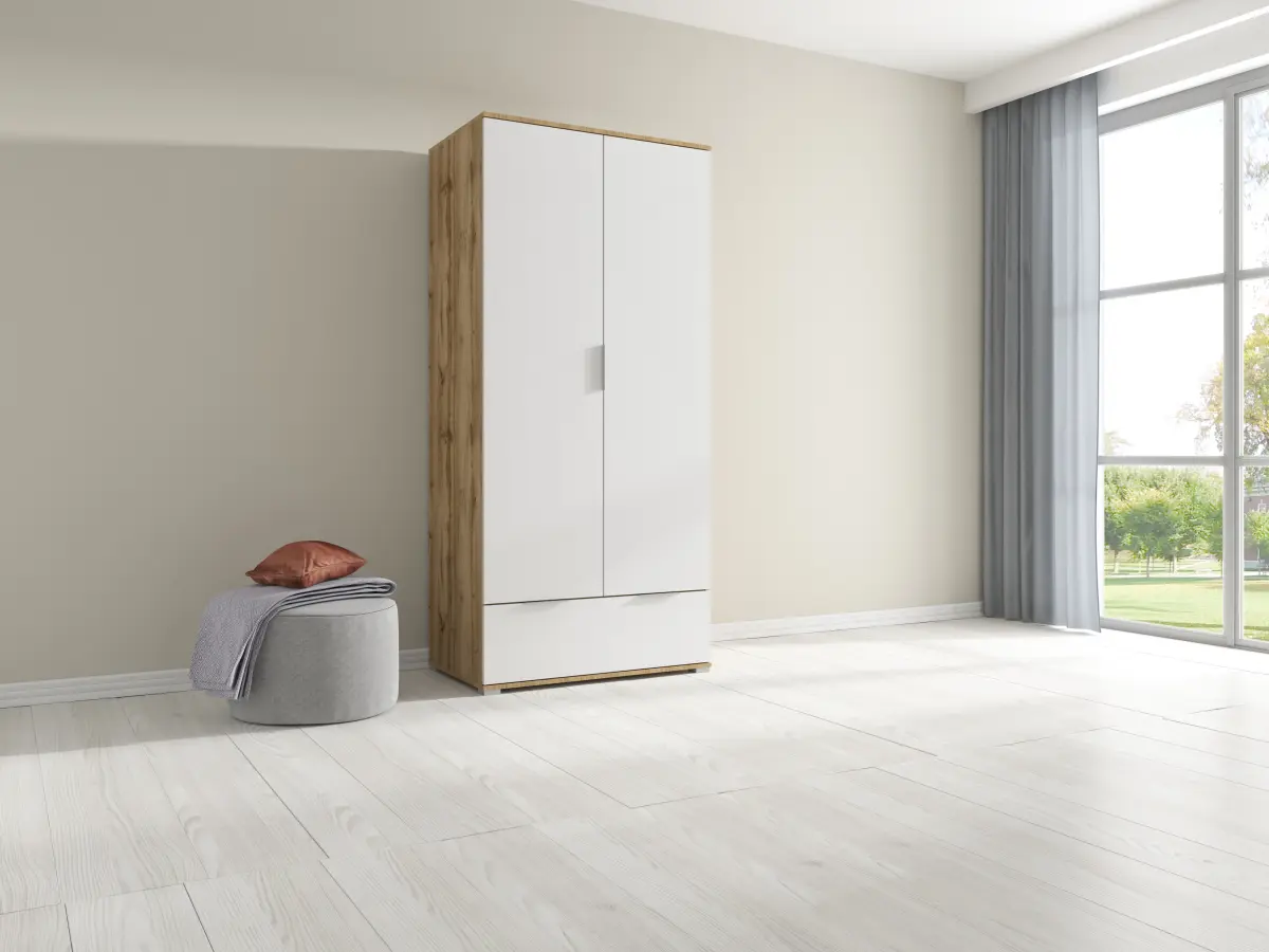 Armario de dos puertas Zele 90 cm con cajón roble wotan/blanco brillo