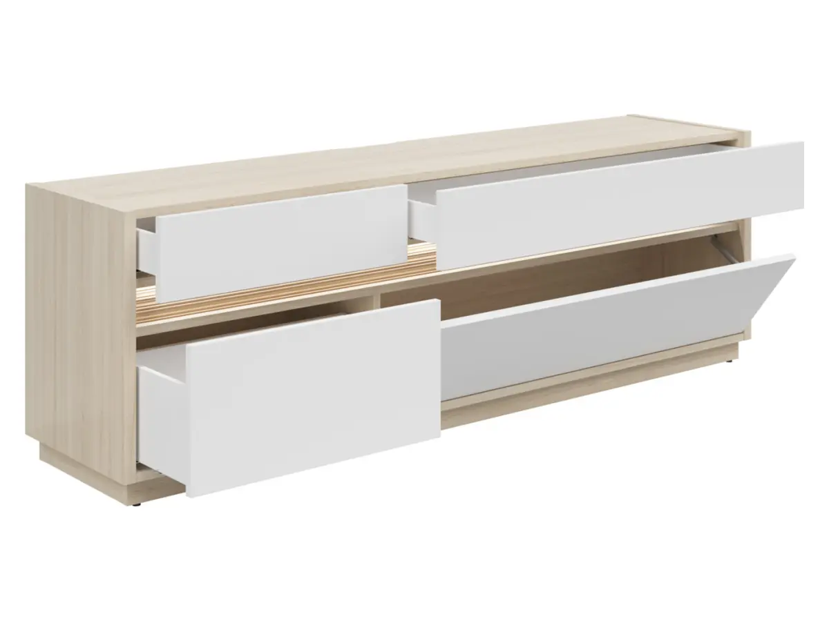 Mueble RTV Kim con 3 cajones y puertas roble riva claro/blanco