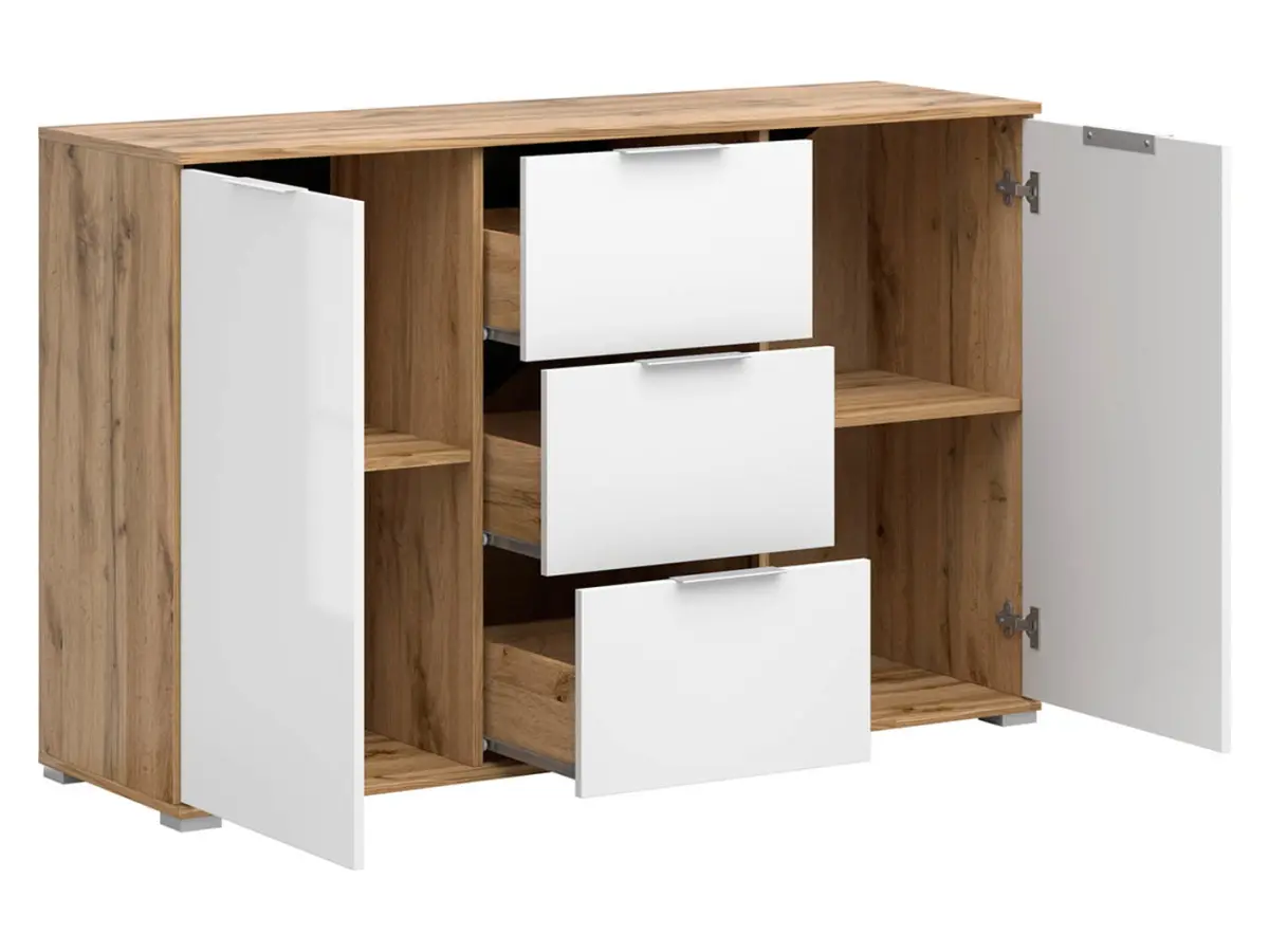 Cómoda Zele 135 cm con 2 puertas y 3 cajones roble wotan/blanco brillo
