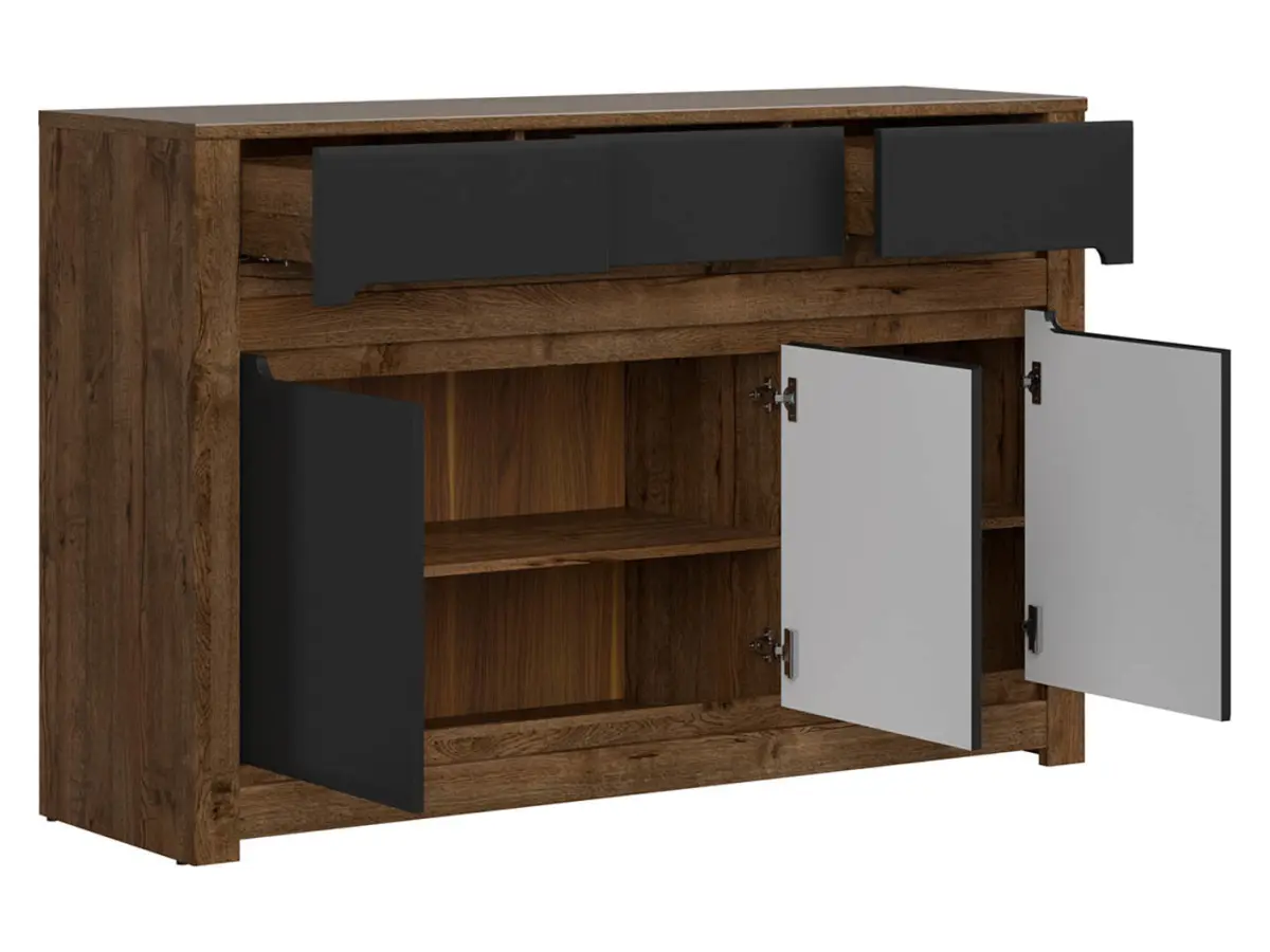 Cómoda Ruso 149 cm con 3 puertas y 3 cajones roble april/negro mate