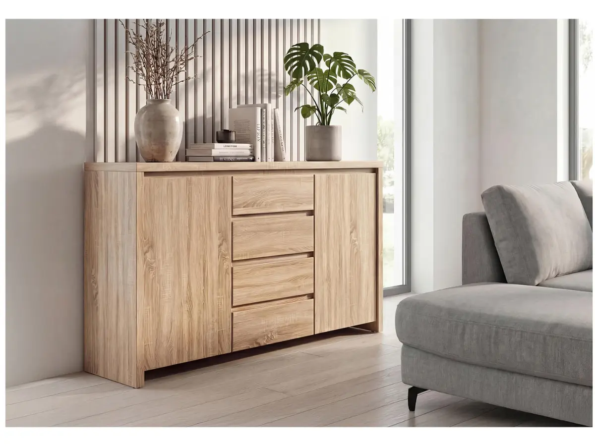 Cómoda Kaspian 144 cm con 2 puertas y 4 cajones roble sonoma