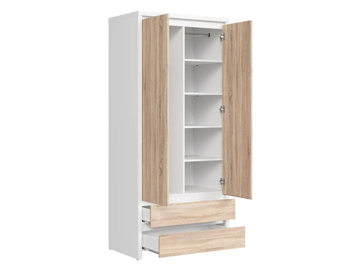 Armario de dos puertas Kaspian 90 cm con cajones blanco/roble sonoma