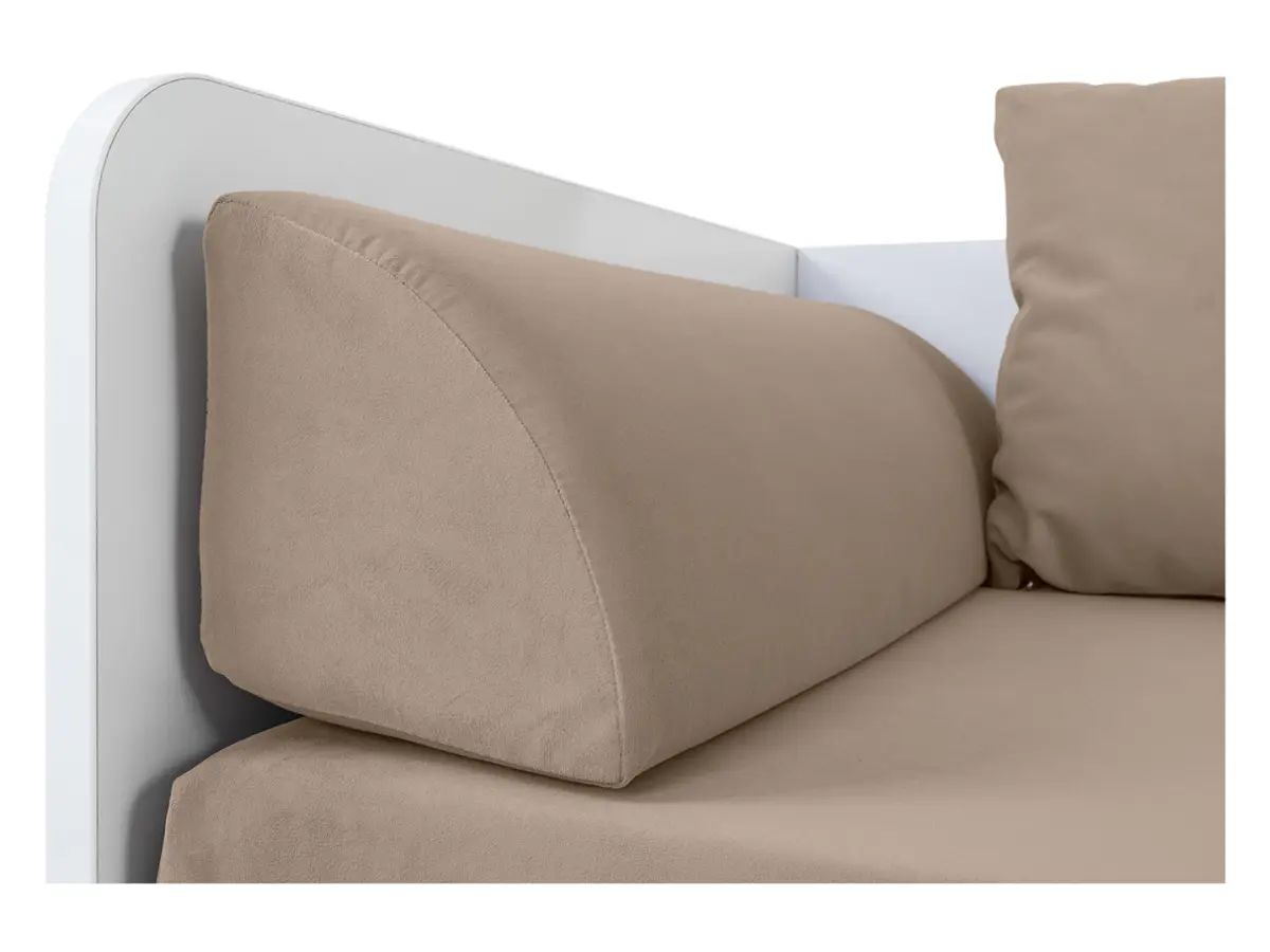 Cama extensible Tetrix blanco brillo 80-160x200 con contenedor colchón y cojines beige