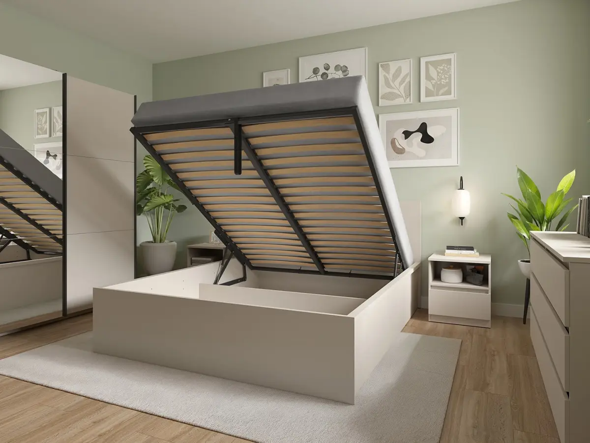 Tetrix bed 160x200 with slatted base and storage cashmere