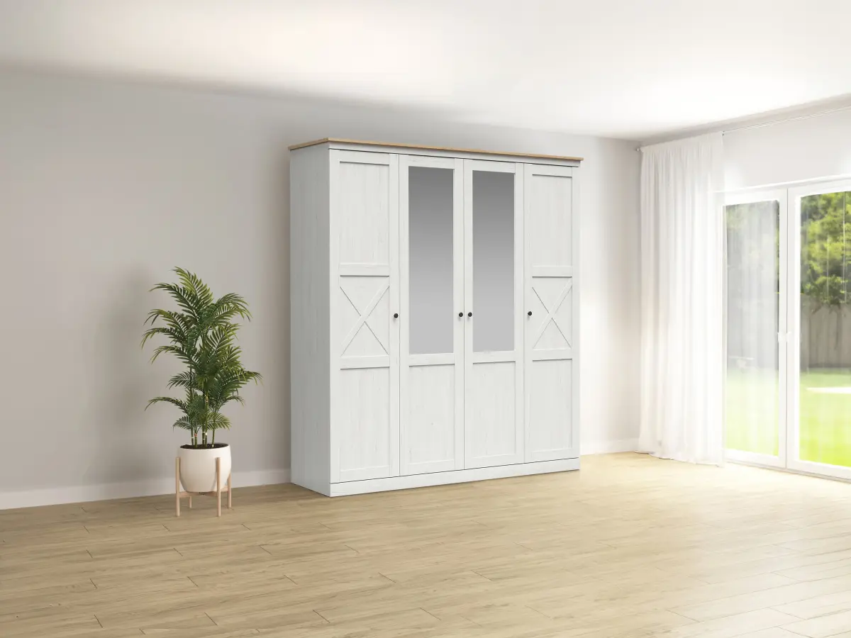 Armario de cuatro puertas Frija 203 cm con espejo pino andersen blanco